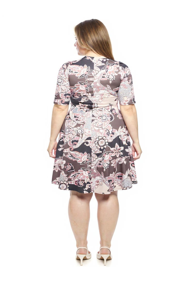 Plus Size Paisley Scoop Neck Elbow Sleeve Knee Length A-Line Dress, Alternate, color, Brown Multi