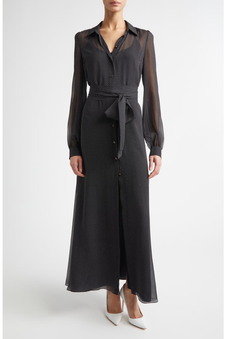 Polka Dot Long Sleeve Silk Shirtdress, Main, color, BLACK / ECRU MULTI