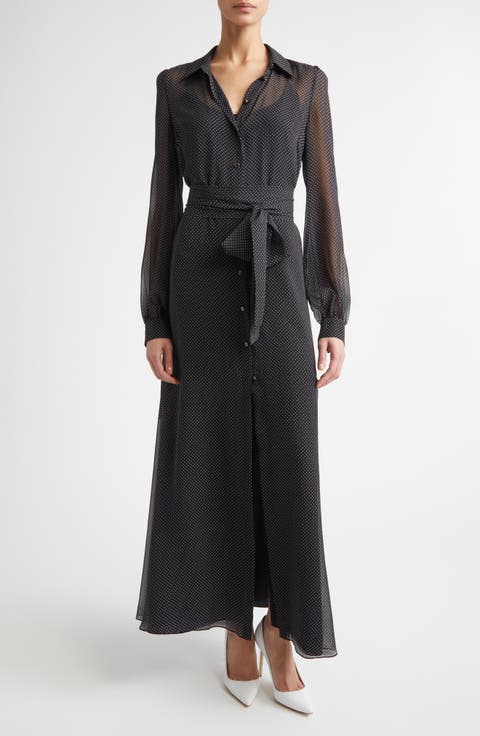 Polka Dot Long Sleeve Silk Shirtdress