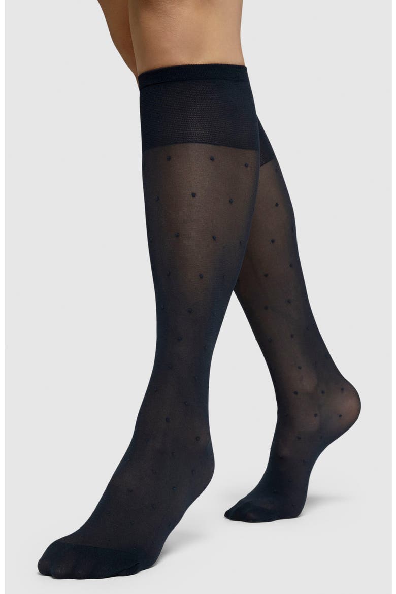 Doris Polka Dot Mesh Knee Socks, Alternate, color, BLACK