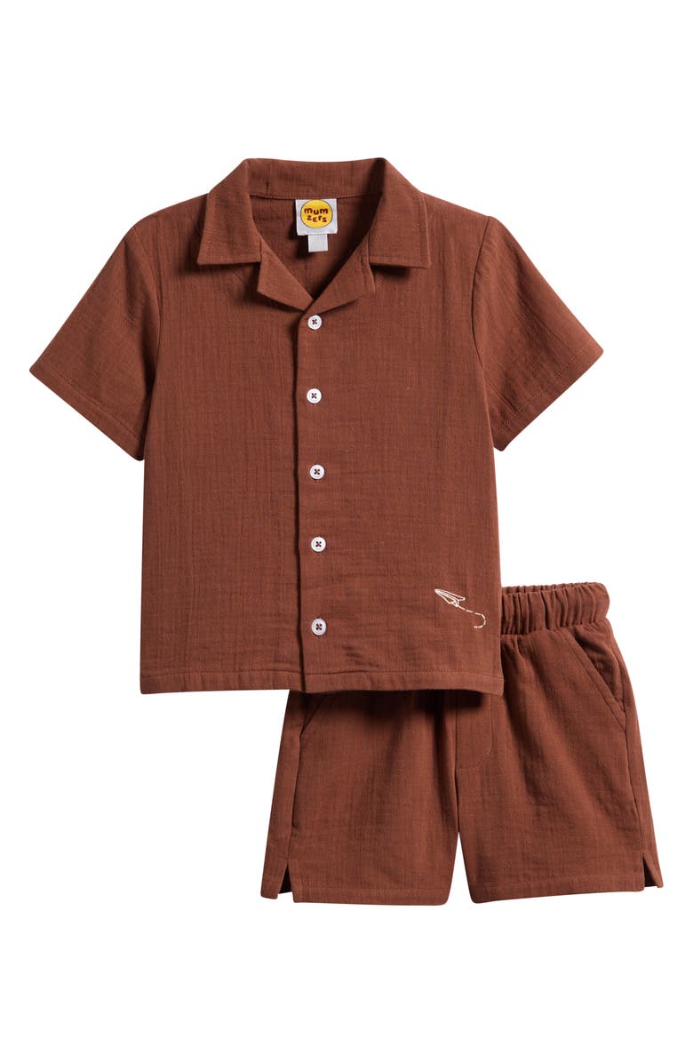 MUMZERS Kids' Green Cotton Muslin Camp Shirt & Drawstring Shorts Set, Main, color, Brown