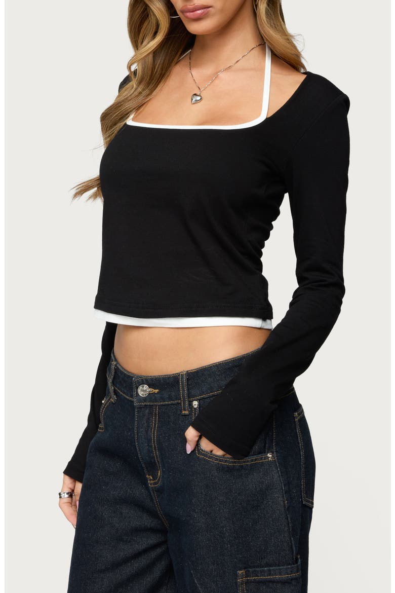 Ksenia Contrast Detail Layered Cotton Blend Top, Alternate, color, BLACK
