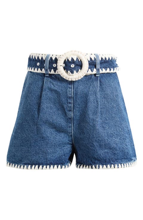 Embroidered Belted Denim Shorts
