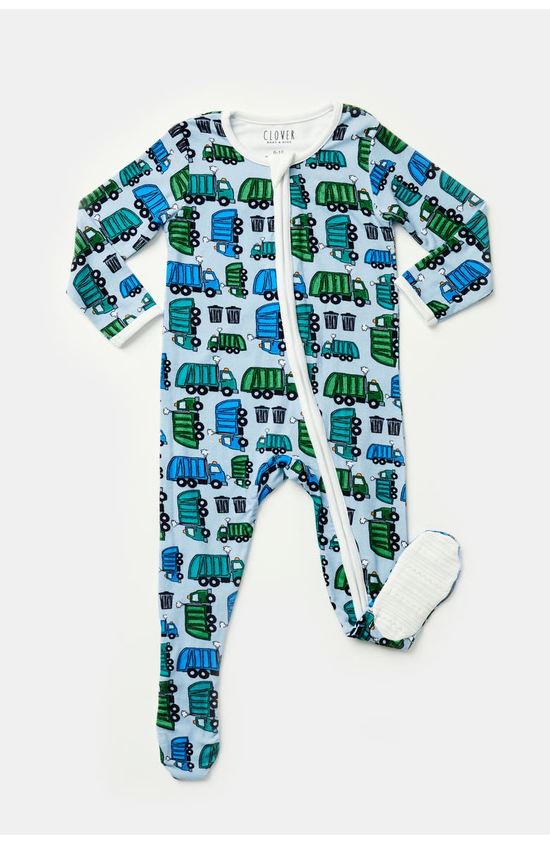 Clover Baby & Kids Soft & Stretchy Zipper Footie - Garbage Trucks, Alternate, color, Garbage Trucks