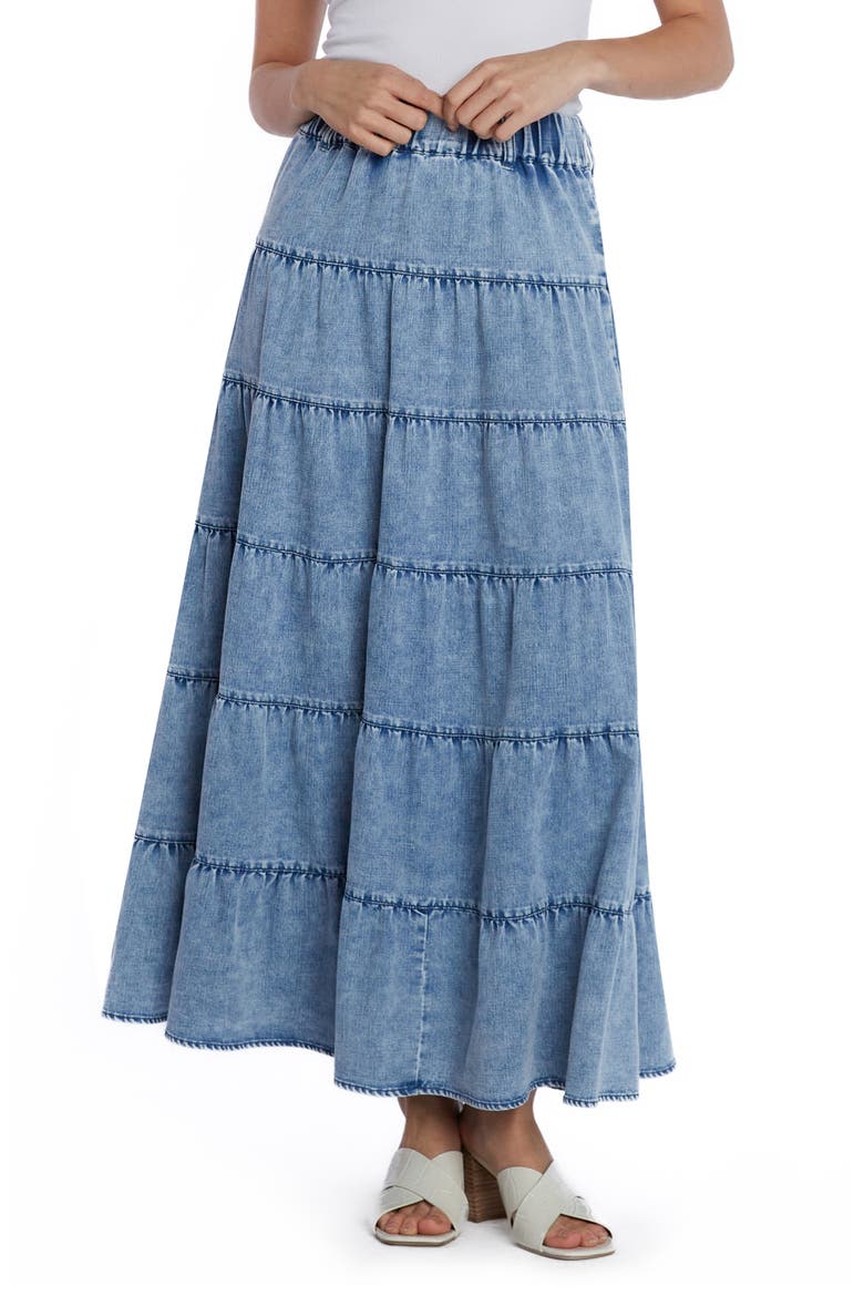Tiered Denim Maxi Skirt, Main, color, CLOUD BLUE