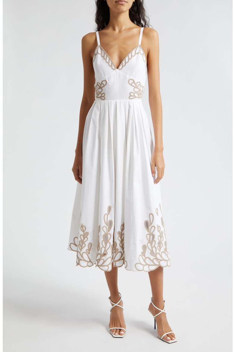 Maude Braid Detail Cotton Midi Dress, Main, color, WHITE/ KHAKI