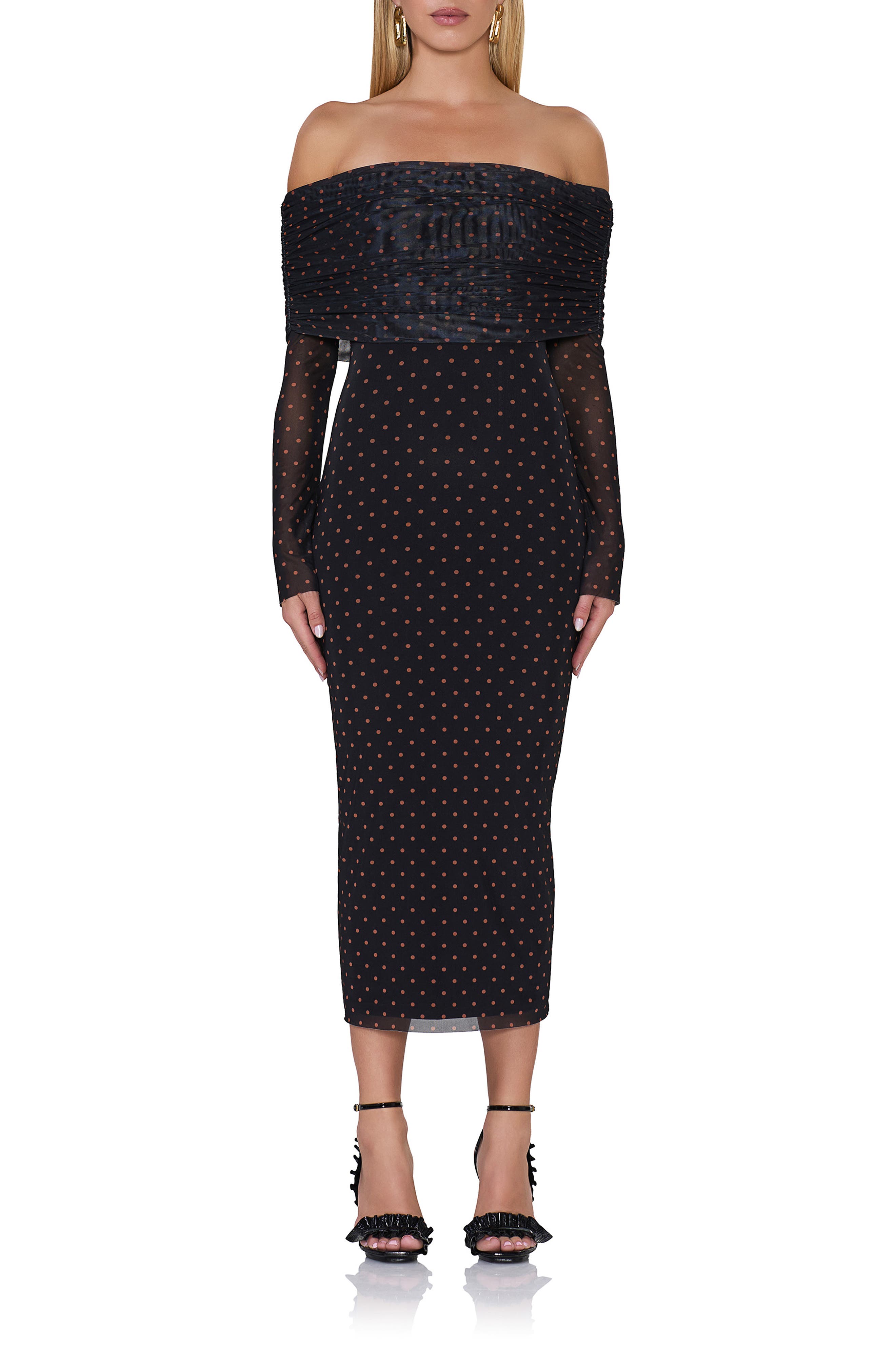 AFRM Cornelia Off the Shoulder Long Sleeve Mesh Midi Dress in Sepia Dot 