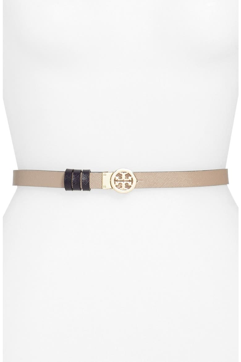 Rotating Logo Skinny Leather Belt, Main, color, FRENCH GREY/ TORY NAVY