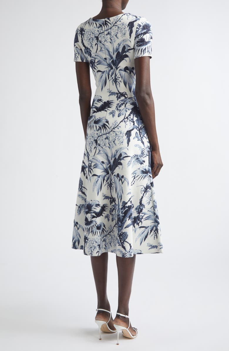 Oscar de la Renta Tonal Tropical Knit Midi Dress, Alternate, color, Navy/ Ivory