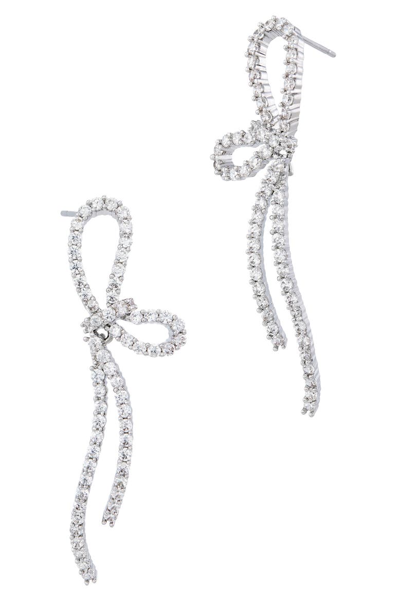 Crystal Bow Drop Earrings, Main, color, WHITE GOLD