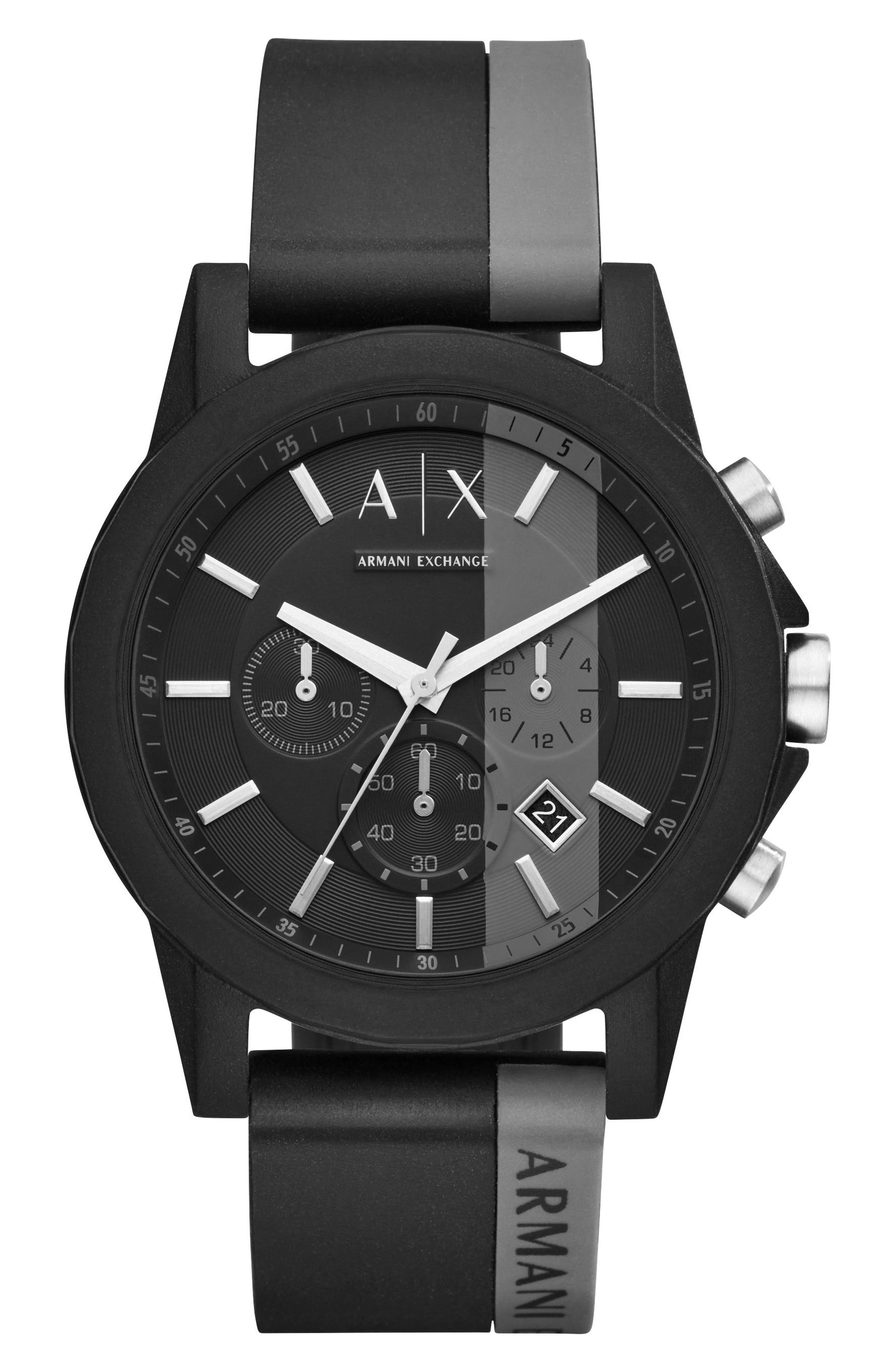 AX Armani Exchange Chronograph Stripe Silicone Strap Watch, 45mm