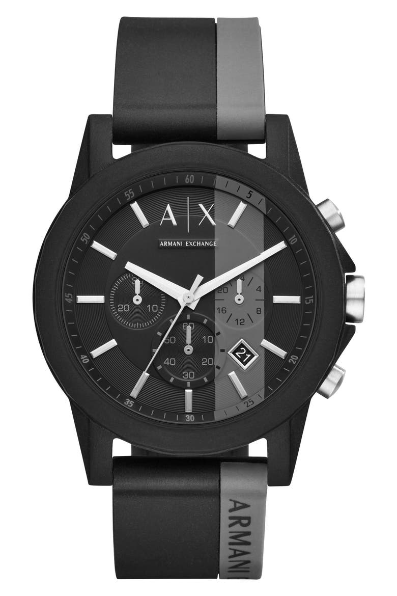 Chronograph Stripe Silicone Strap Watch, 45mm, Main, color, BLACK