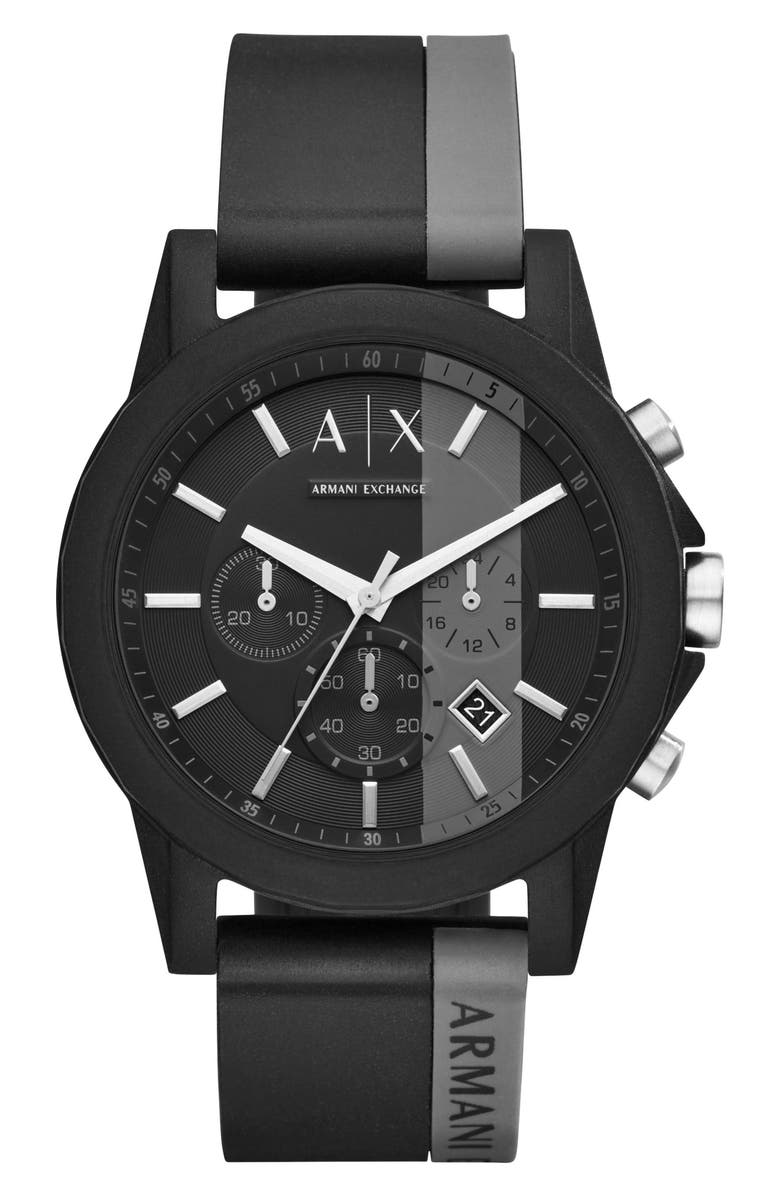 AX Armani Exchange Chronograph Stripe Silicone Strap Watch, 45mm, Main, color, Grey/ Black