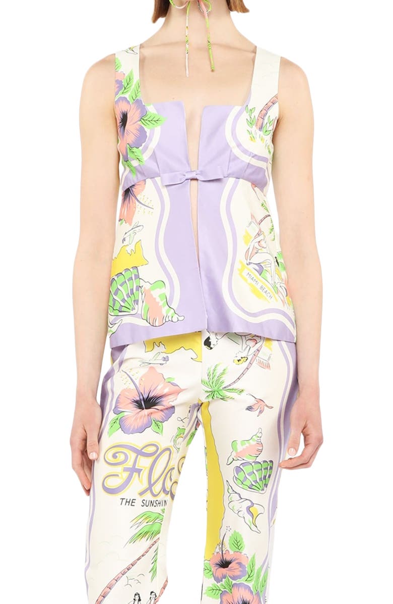 Anna Sui Florida Cotton Sateen Sleeveless Bow Top, Main, color, 