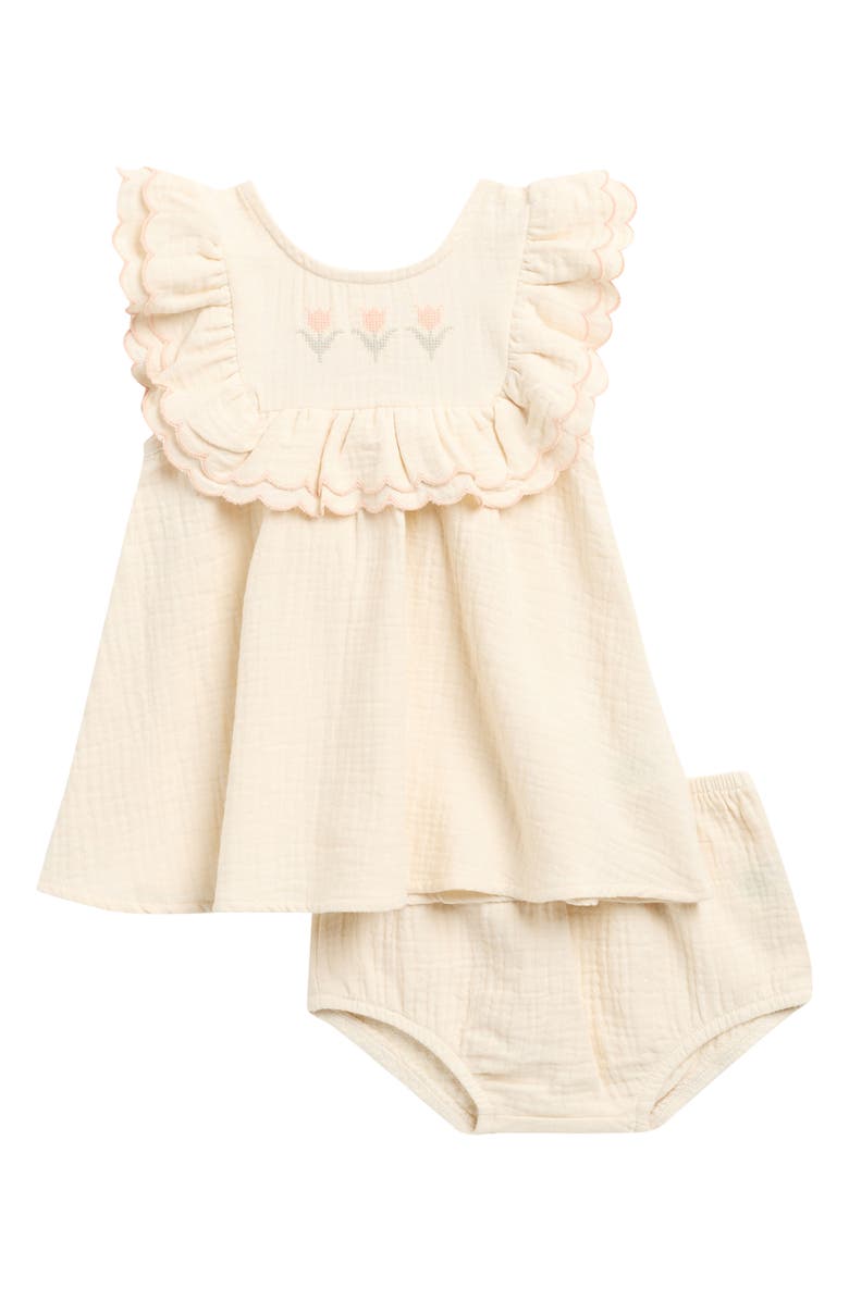 QUINCY MAE Lulu Scalloped Trim Ruffle Organic Cotton Dress with Bloomers, Main, color, Natural