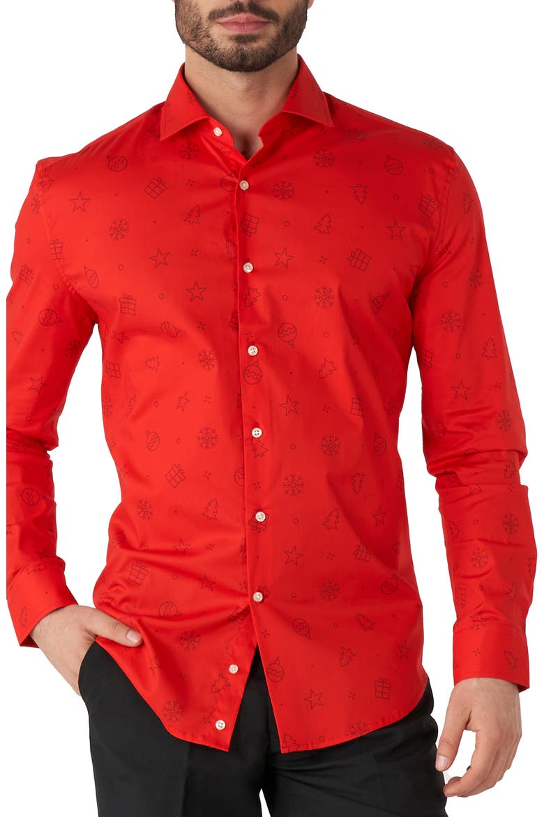 Christmas Icons Red Stretch Button-Up Shirt, Main, color, RED