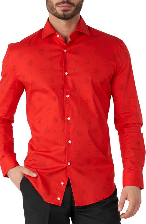 Christmas Icons Red Stretch Button-Up Shirt