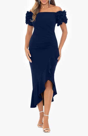 Xscape Evenings Ruffle Off The Shoulder Midi Cocktail Dress