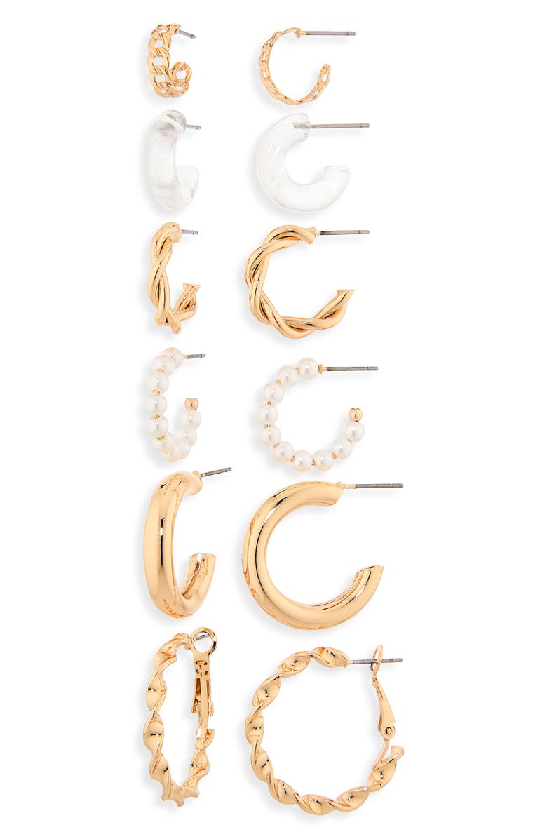 BP. Pack of 6 Assorted Hoop Earrings, Main, color, Ivory- Gold