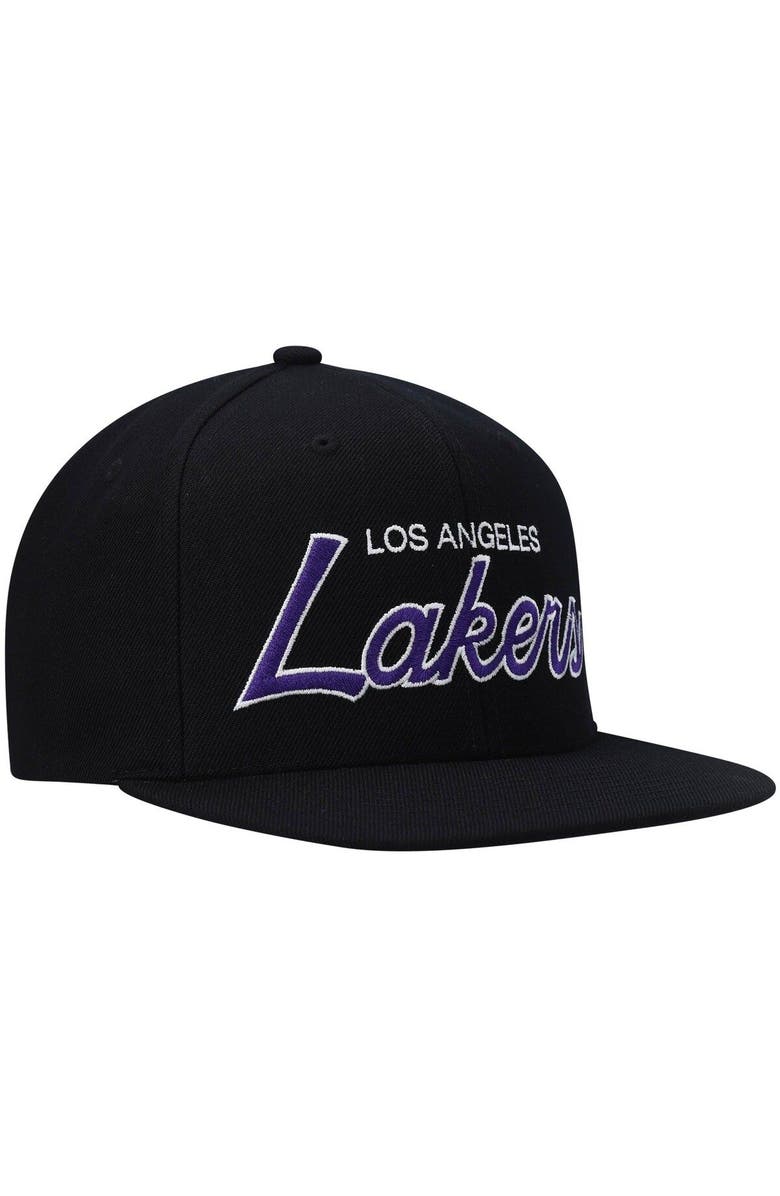 Mitchell & Ness Men's Mitchell & Ness Black Los Angeles Lakers Hardwood Classics Script 2.0 Snapback Hat, Alternate, color, Black