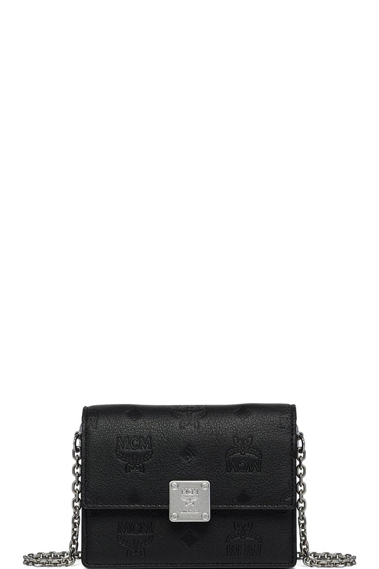 Mini Aren Chain Wallet in Embossed Monogram Leather, Main, color, Black