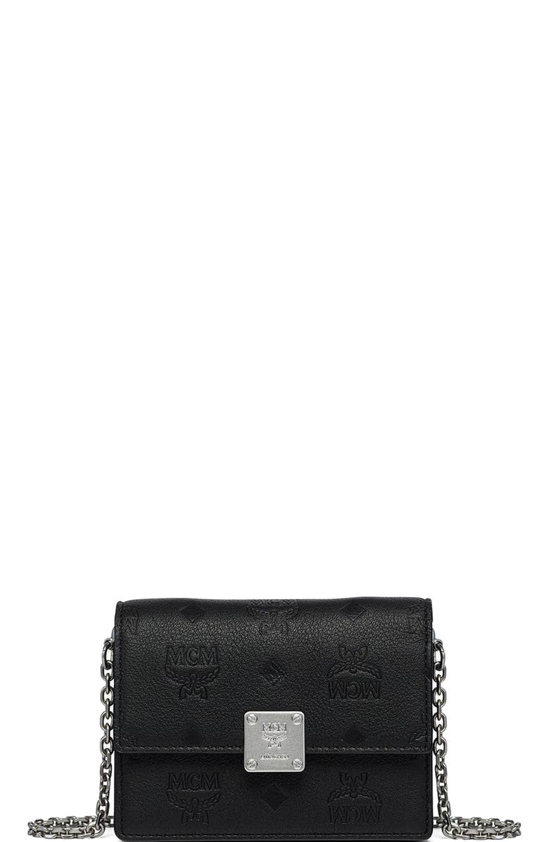 MCM Mini Aren Chain Wallet in Embossed Monogram Leather, Main, color, Black