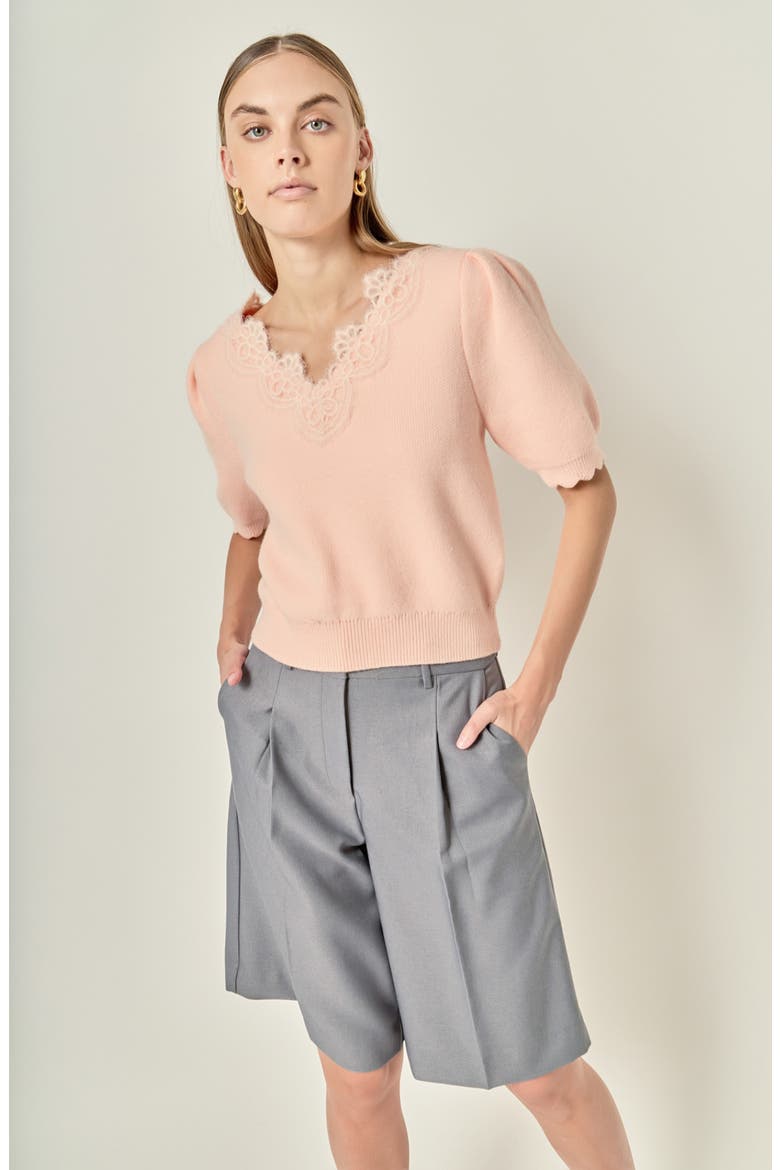 Lace Trim Short Sleeve Sweater, Alternate, color, PALE PINK