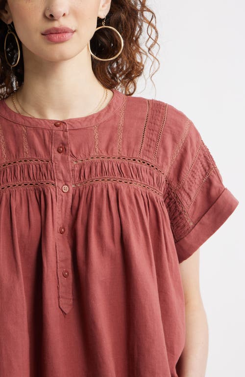 Treasure & Bond Pintuck Linen Blend Popover Top In Burgundy