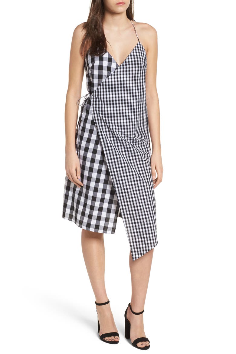 Mixed Gingham Print Wrap Dress, Main, color, BLACK LEXI GINGHAM