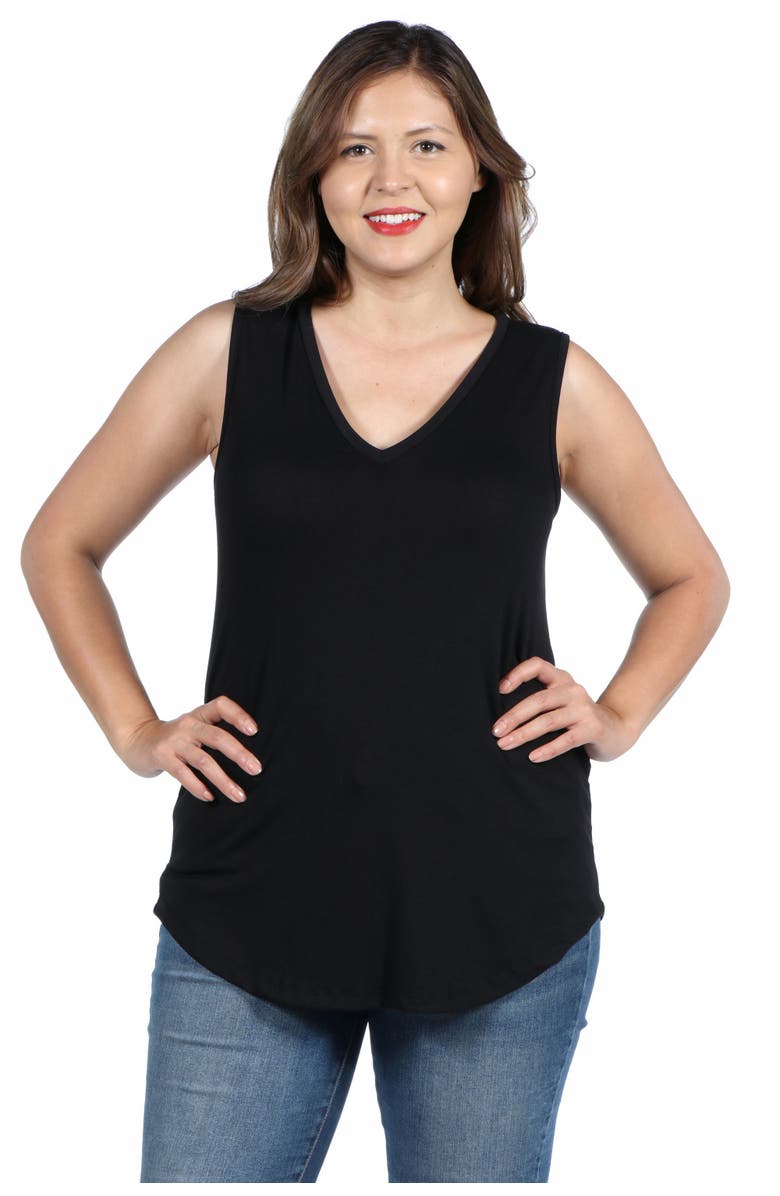 24seven Comfort Apparel Plus Size V Neck Sleeveless Rounded Hemline Top, Main, color, Black