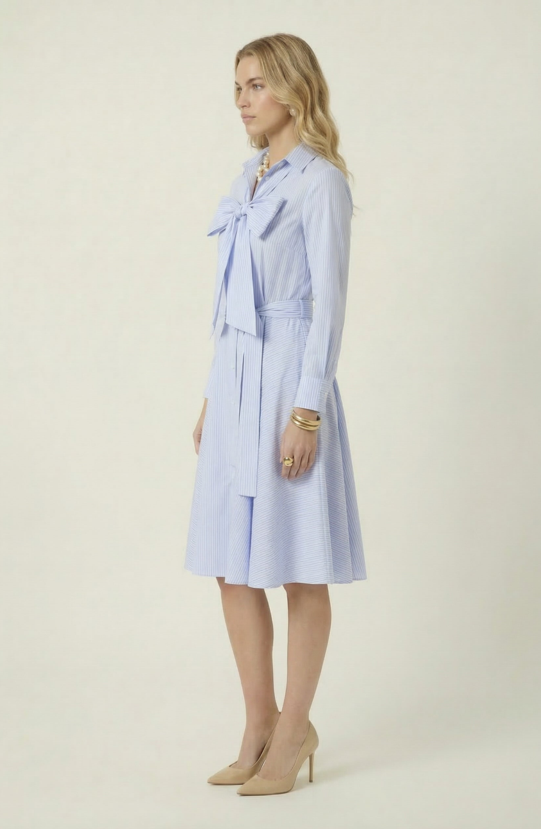 Modenaire Striped Tie Neck Bow Waist Belt Shirt Dress, Alternate, color, Light Blue / White Stripes