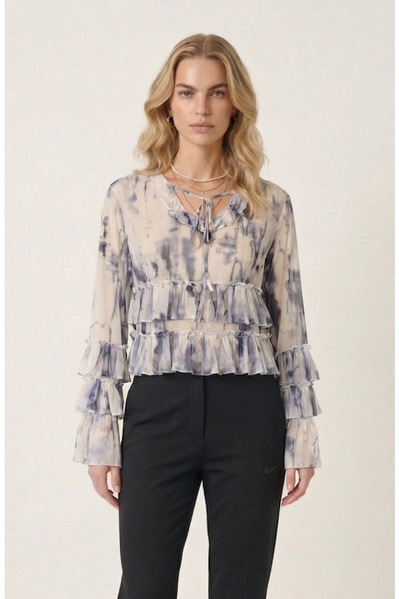 Ruffle Blouse with Tie Neck Detail, Main, color, Cream / Charcoal