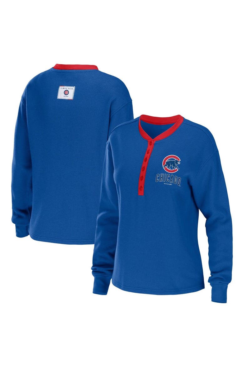 Women's WEAR by Erin Andrews Royal Chicago Cubs Waffle Henley Long Sleeve T-Shirt, Main, color, Royal