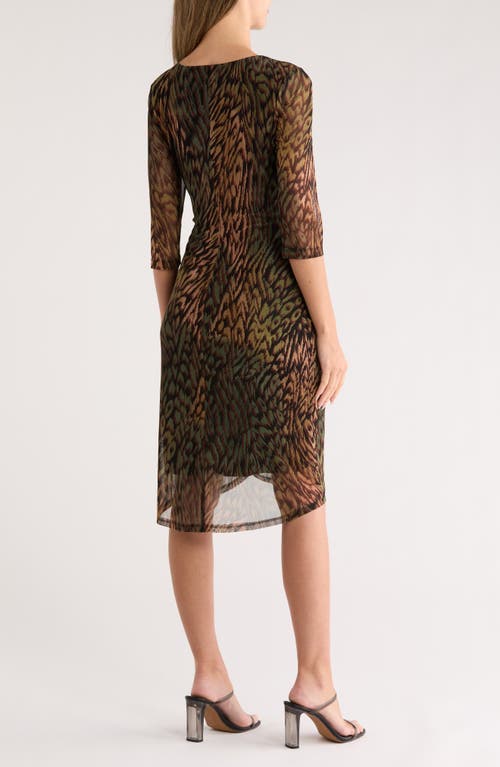 Connected Apparel Three-quarter Sleeve Mesh Faux Wrap Dress In Green