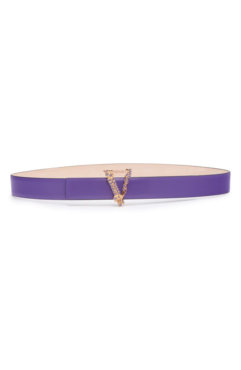 Versace Virtus Crystal Buckle Leather Belt, Main, color,