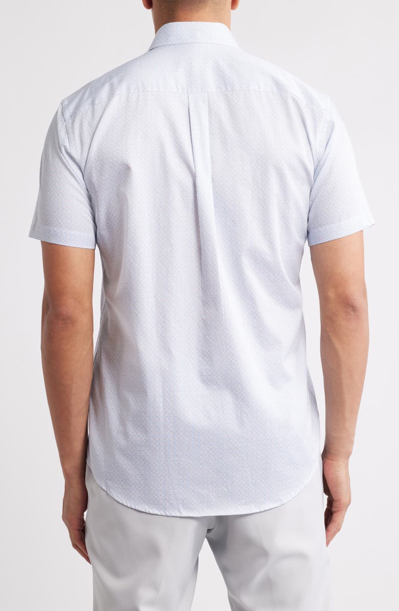 Peter Millar King Geometric Print Short Sleeve Button-Down Shirt, Alternate, color, Evening Tide