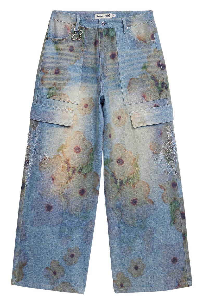 Flower Print Cargo Jeans, Alternate, color, LIGHT BLUE