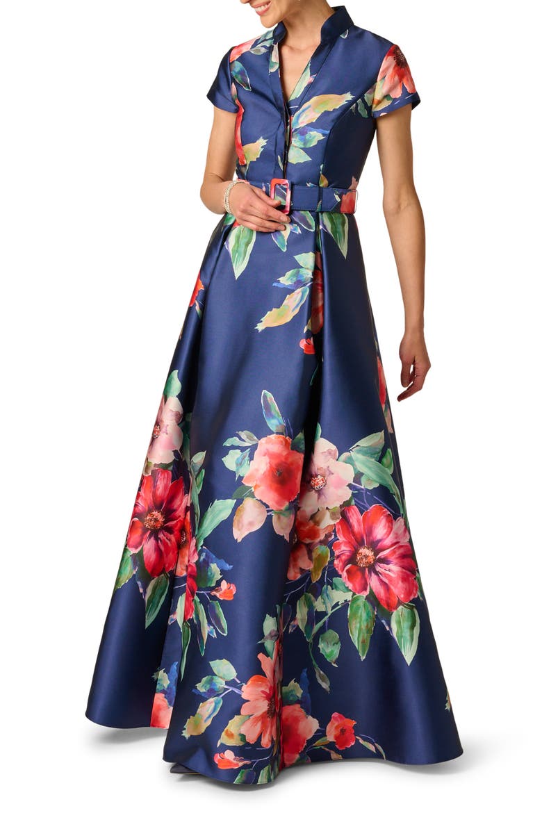 Floral Belted Mikado Gown, Main, color, NAVY MULTI