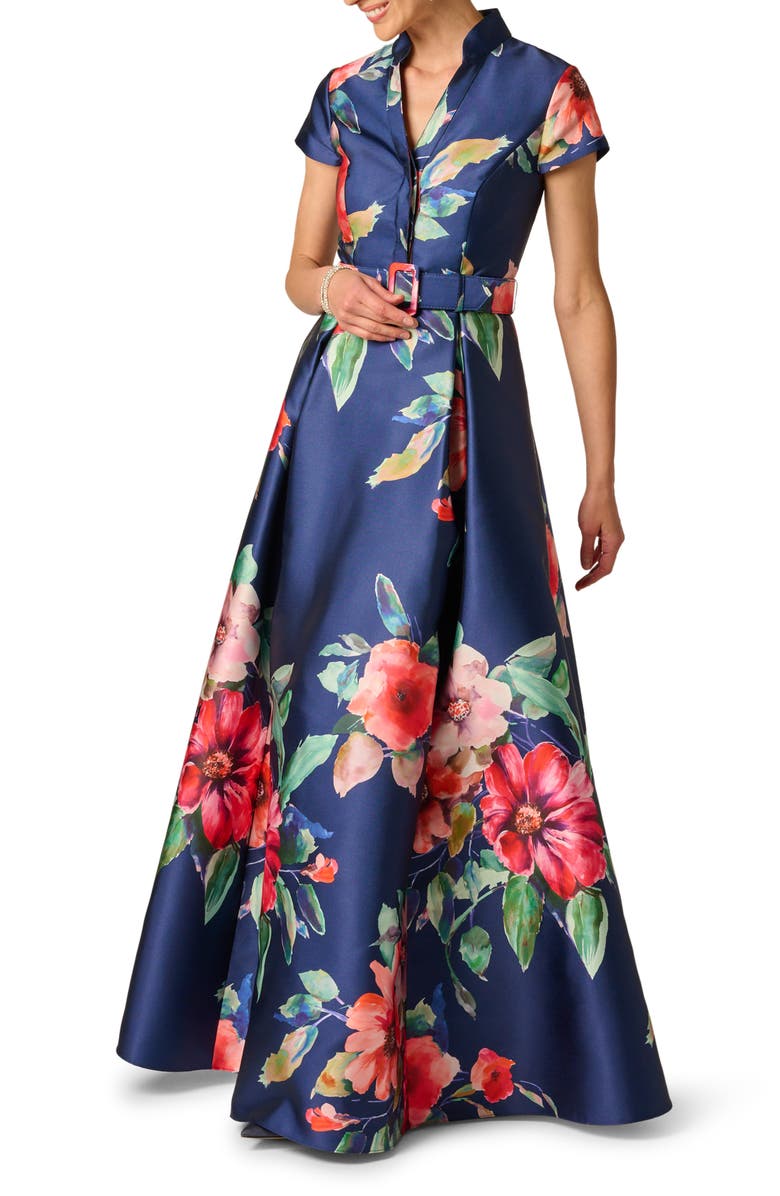 Adrianna Papell Floral Belted Mikado Gown, Main, color, Navy Multi