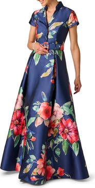 Adrianna Papell Floral Belted Mikado Gown