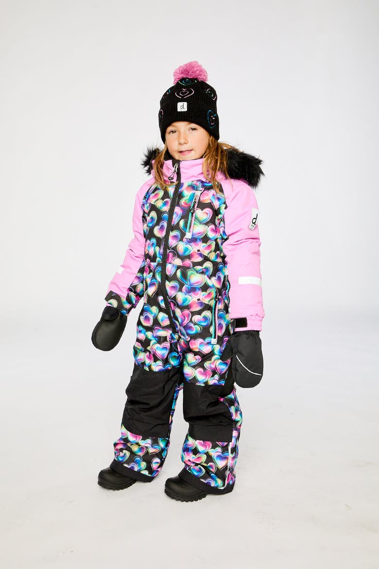 Play Heart Faux Fur Hood & Expandable Sleeve One Piece Snowsuit, Alternate, color, Black Printed with Hearts