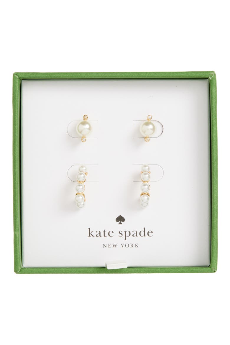 crystal & faux pearl stud & hoop earrings set, Main, color, CREAM/ GOLD