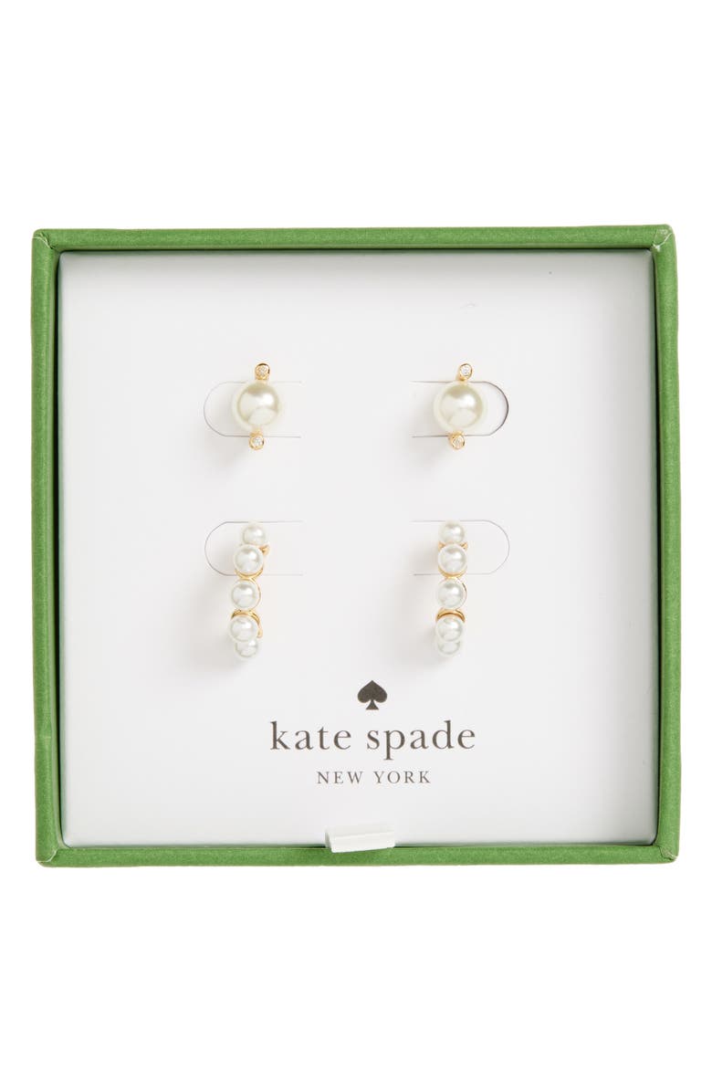 Kate Spade New York crystal & faux pearl stud & hoop earrings set, Main, color, Cream/ Gold
