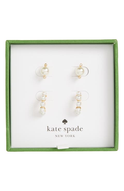 crystal & faux pearl stud & hoop earrings set