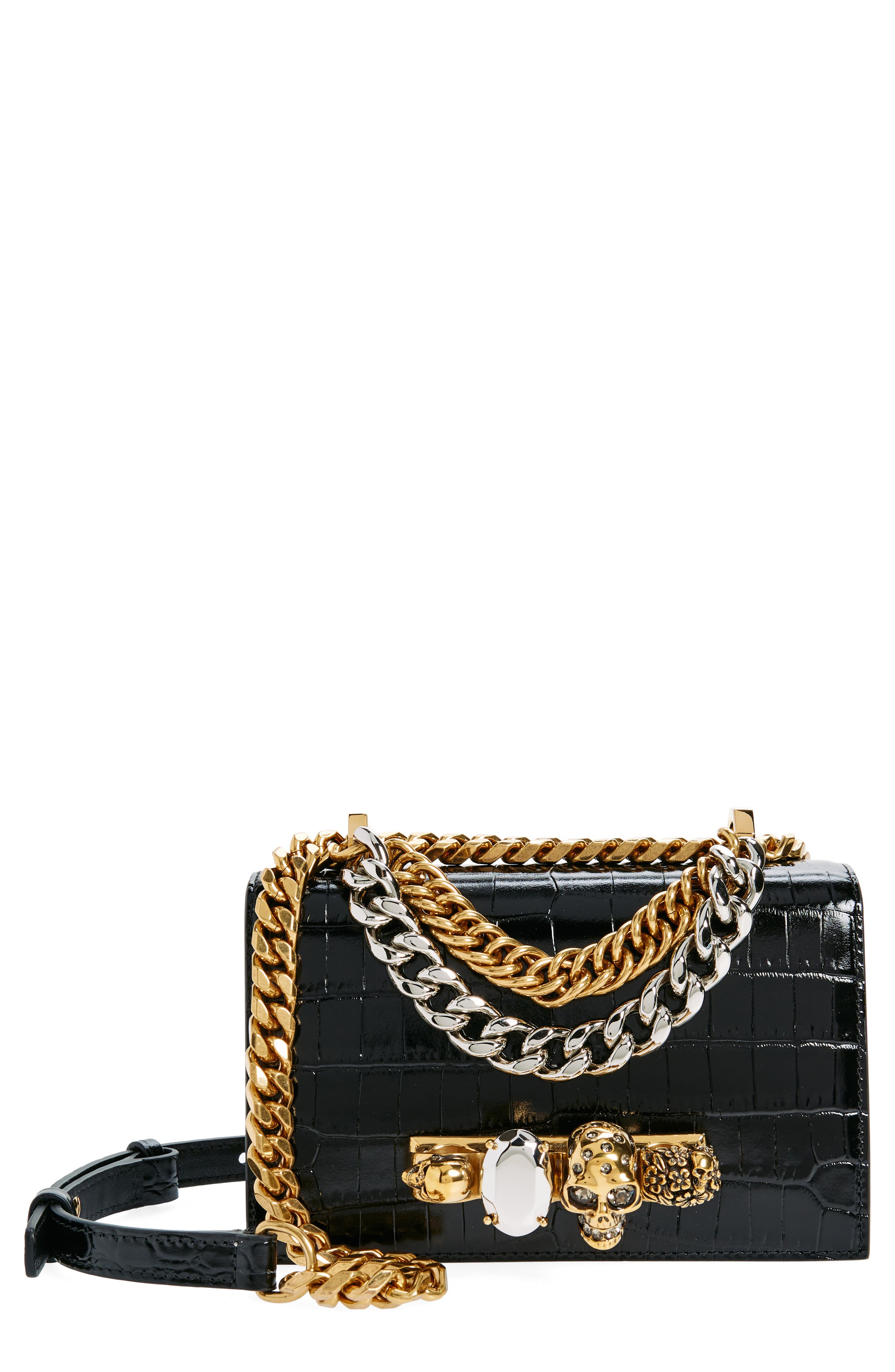 McQueen Mini Jeweled Croc Embossed Leather Satchel, Main, color, 