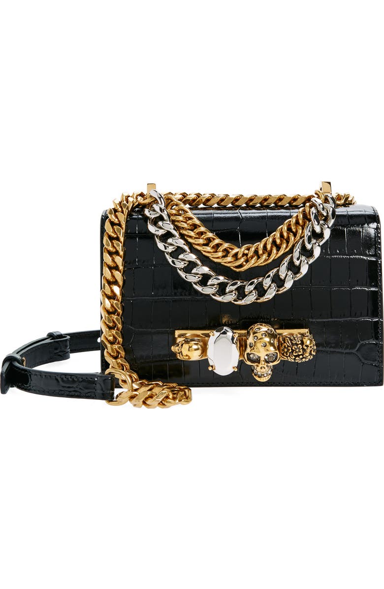 McQueen Mini Jeweled Croc Embossed Leather Satchel, Main, color,