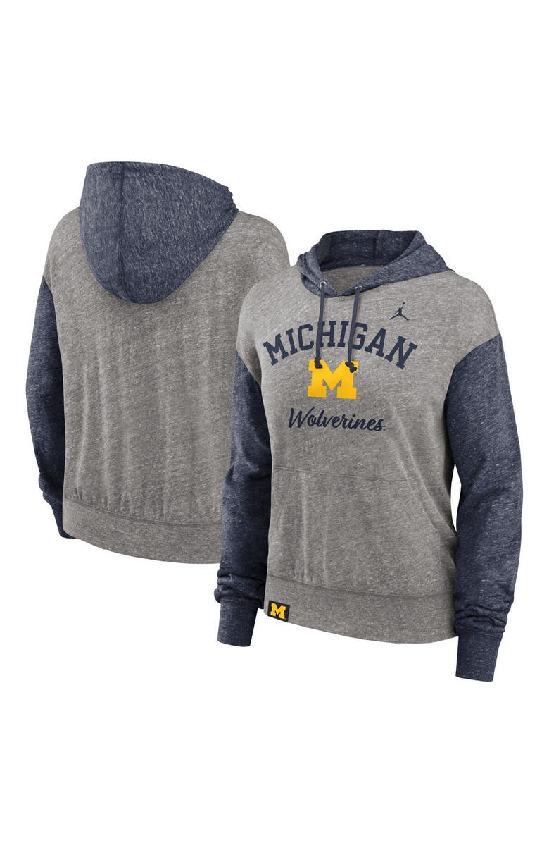Jordan Brand Women's Jordan Brand Heather Gray/Navy Michigan Wolverines Blitz Color Blocked Legacy Pullover Hoodie, Main, color, Heather Gray