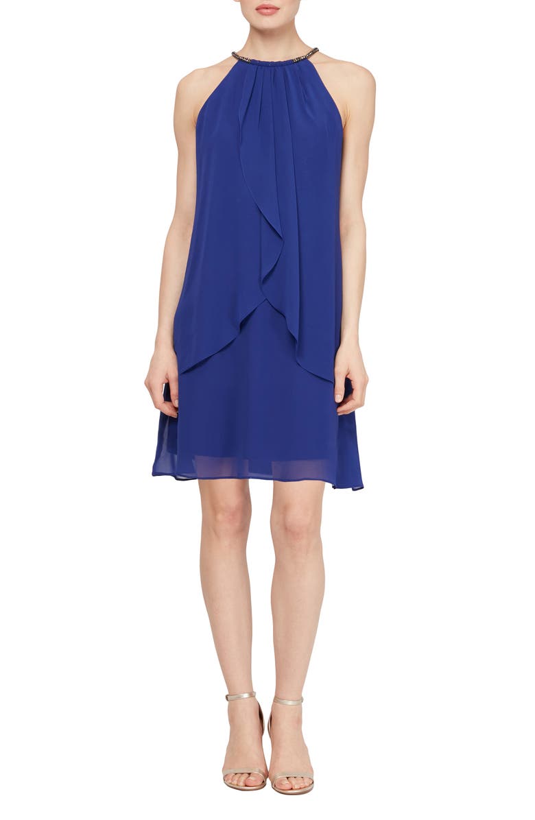 SLNY Halter Neck Layered Chiffon Shift Dress, Main, color, Iris