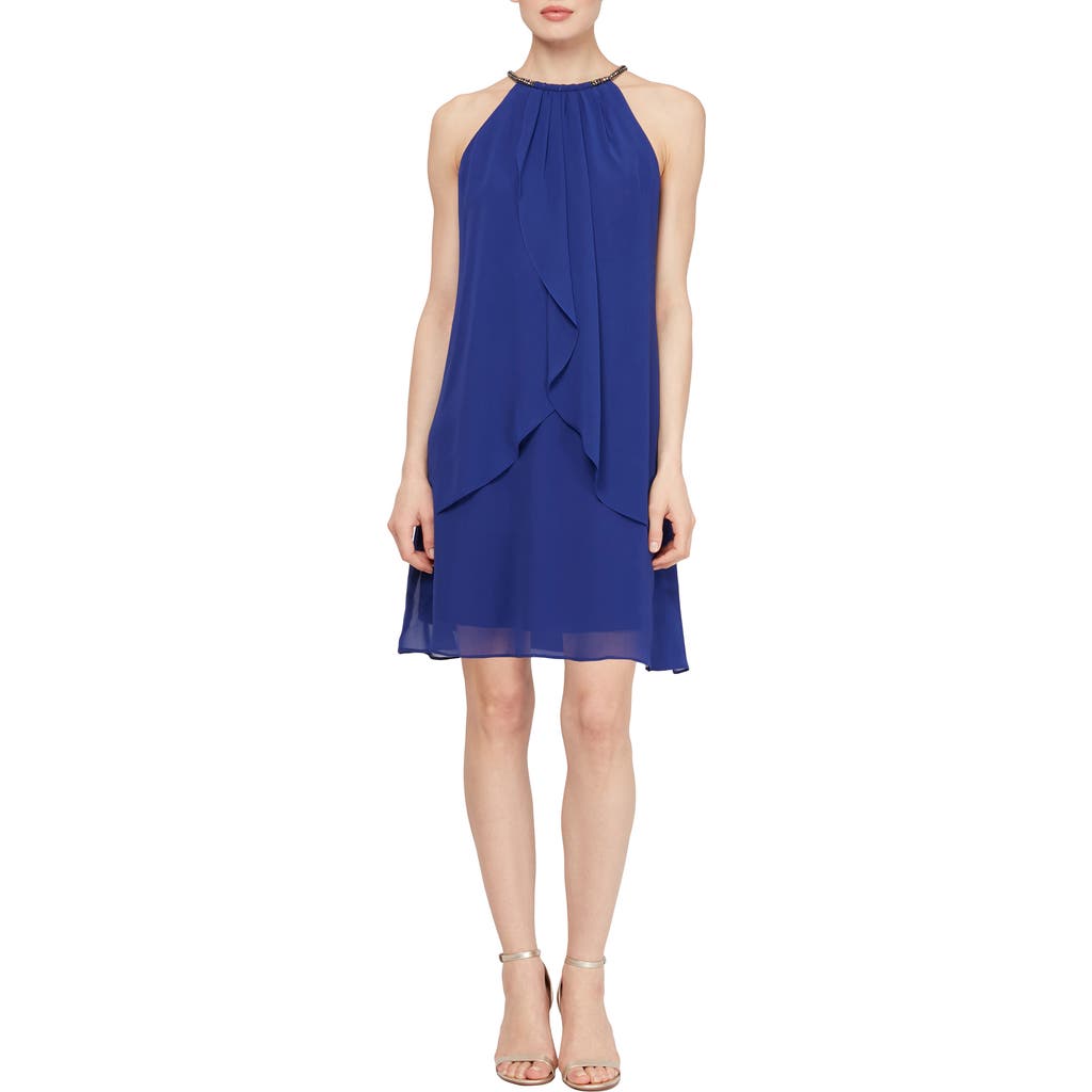 SLNY Embellished Neck Chiffon Ruffle Dress in Iris  product