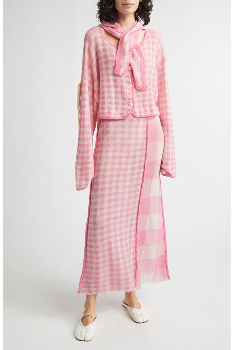 Gingham Check Wool Cardigan with Removable Hood, Alternate, color, PINK